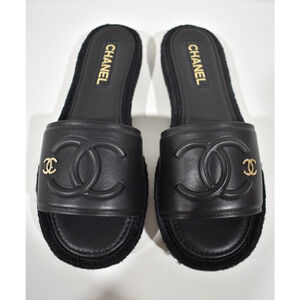 Chanel 23C Black Lambskin Leather CC Logo Slide Sandal Slip Espadrille Flat 37